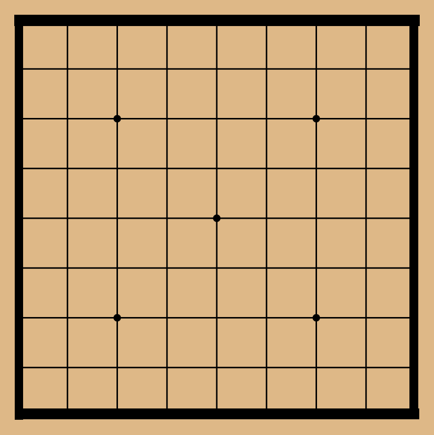 a standard 9x9 go
        board with thickened black lines at the edges