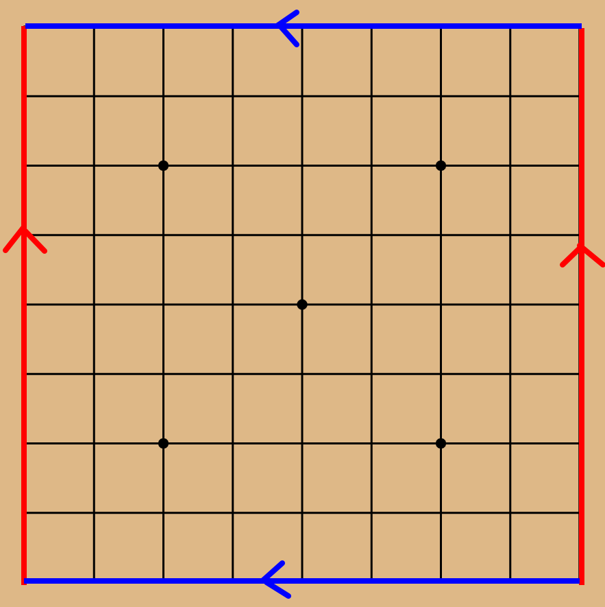 A toroidal go board:
        the left and right edges are red with upward arrows, and the top and
        bottom edges are blue with leftward arrows.