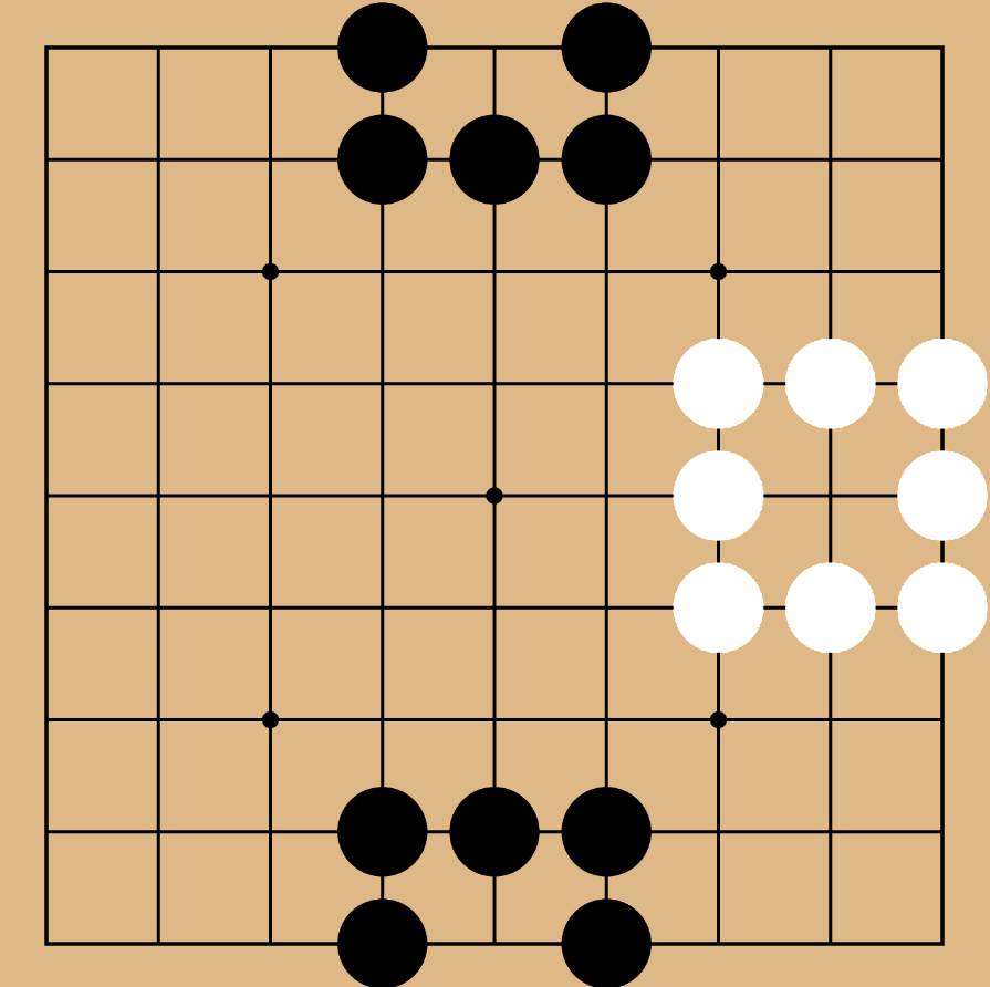 A group in
        the middle of a toroidal go board surrounding one point, and one
        straddling the edge and surrounding two.