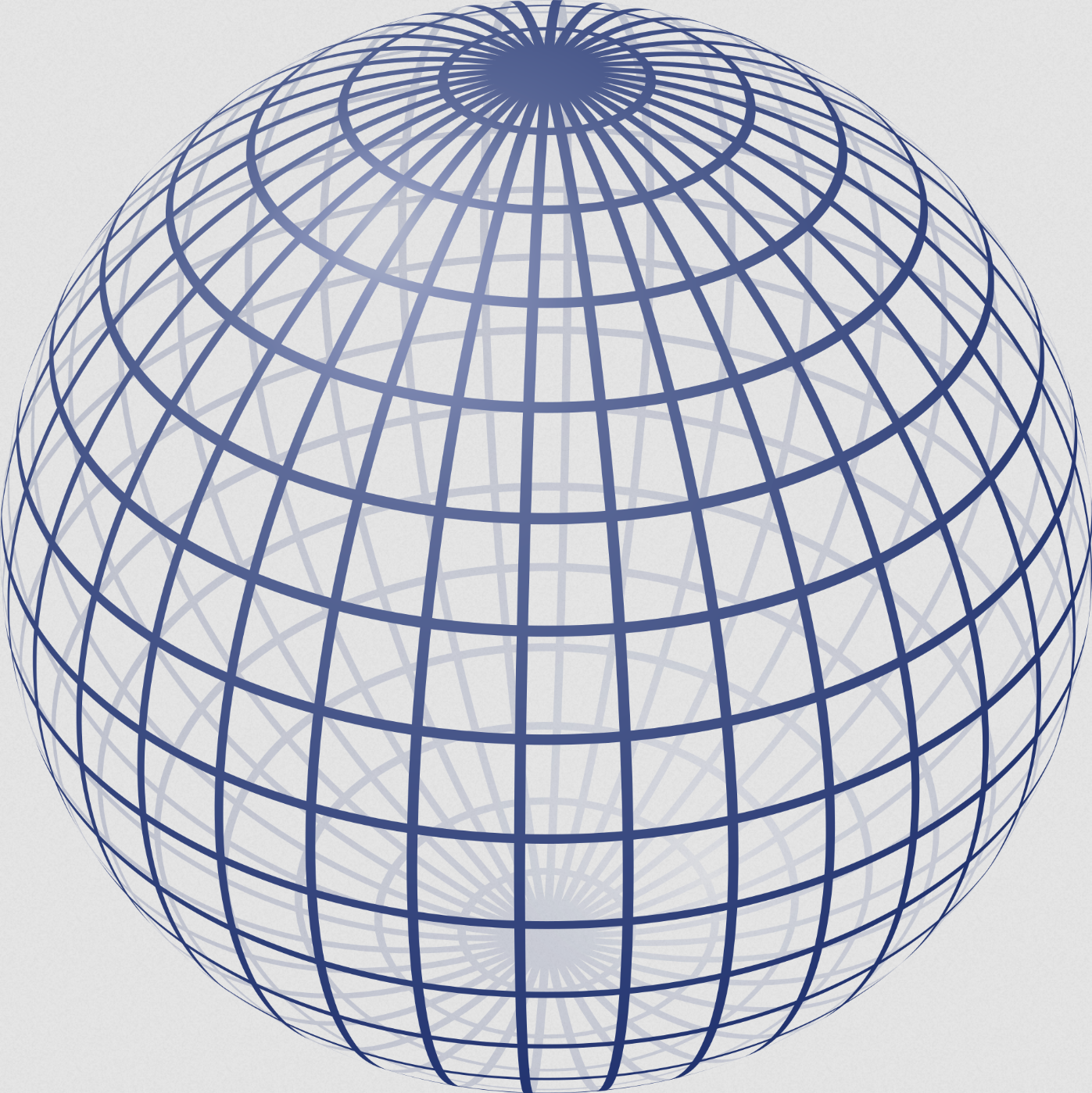 A wireframe sphere
        with lines of latitude and longitude.